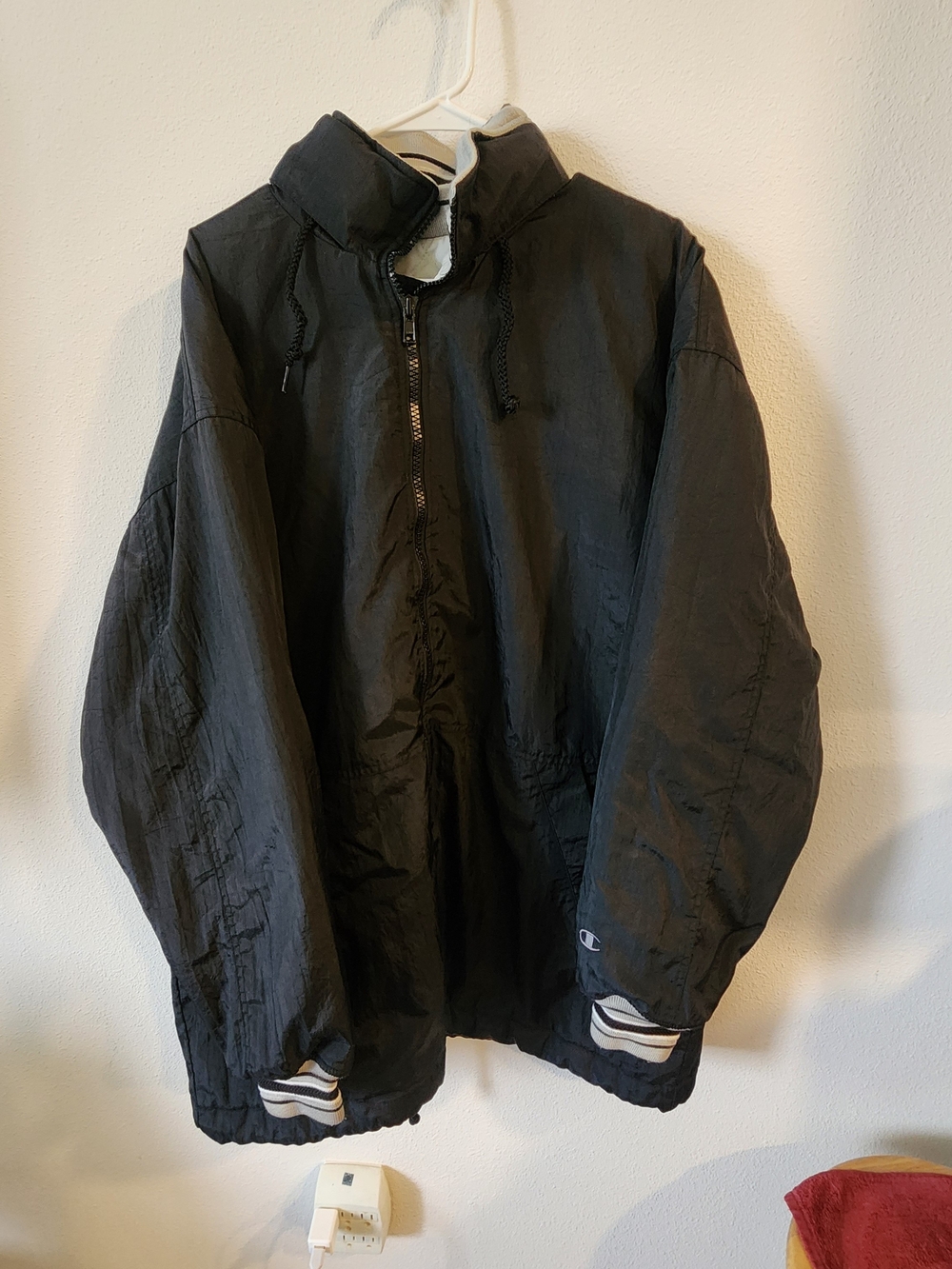 Champion Black Men's Windbreaker Jacket with Striped Cuffs